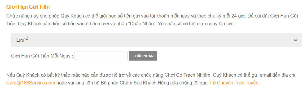 Chức năng giới han tiền gửi Chơi Cược Có Trách Nhiệm tại 188Bet Như Thế Nào?