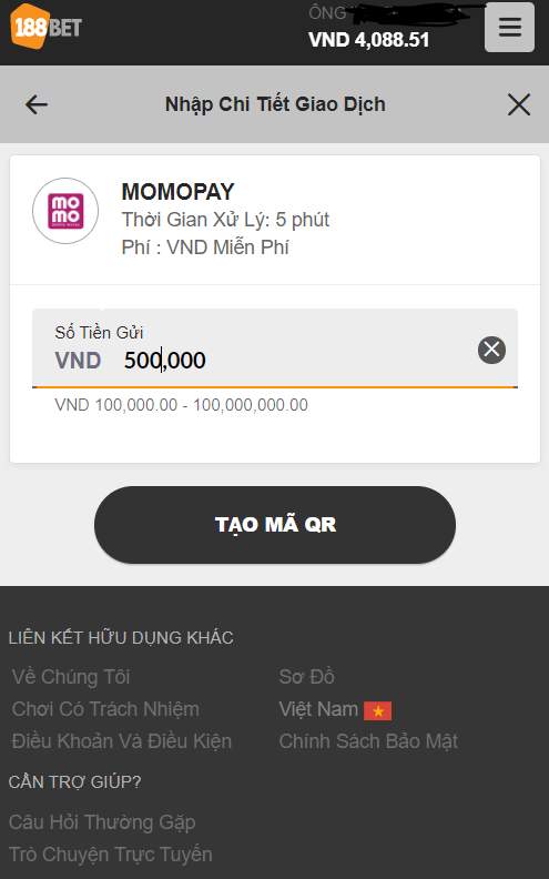 Tạo mã QR Cách gửi tiền 188bet nhanh Momo Pay