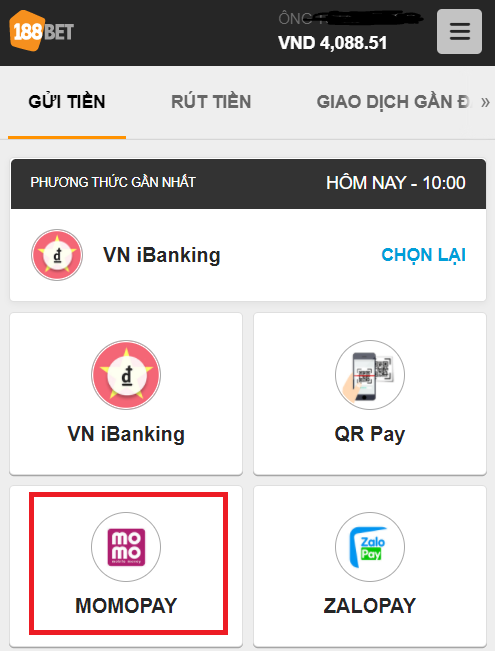 Phương thức gửi tiền Momo Pay Cách gửi tiền 188bet nhanh Momo Pay