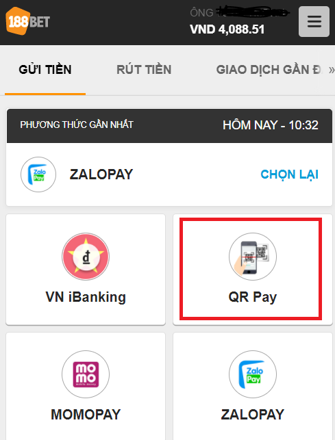 Chọn phương thức gủi tiền QRPay Cách gửi tiền 188bet QR Pay