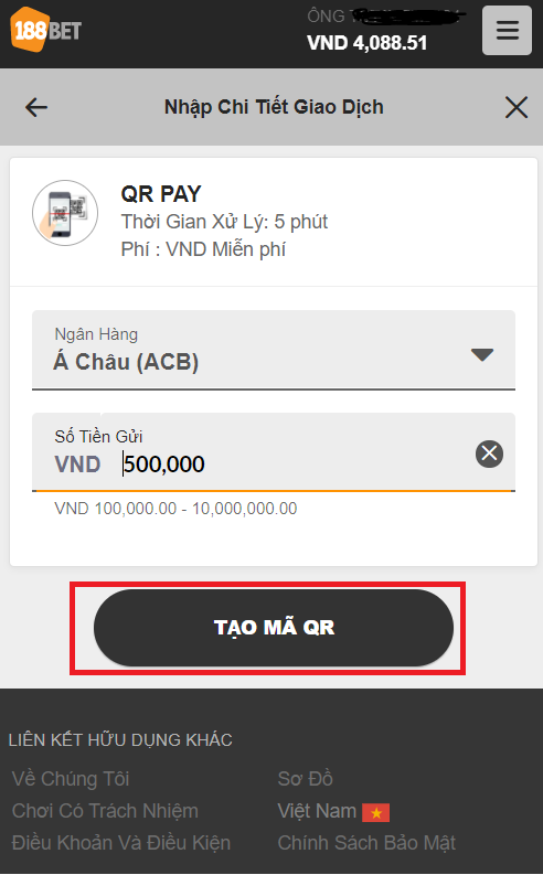 Điền thông tin gửi tiền Chọn phương thức gủi tiền QRPay