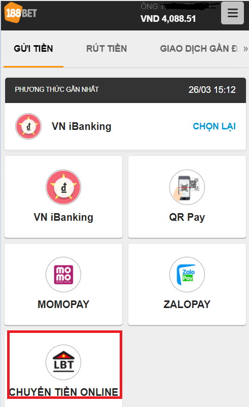 Phương thức chuyển tiền online Cách gửi tiền 188bet qua chuyển tiền online