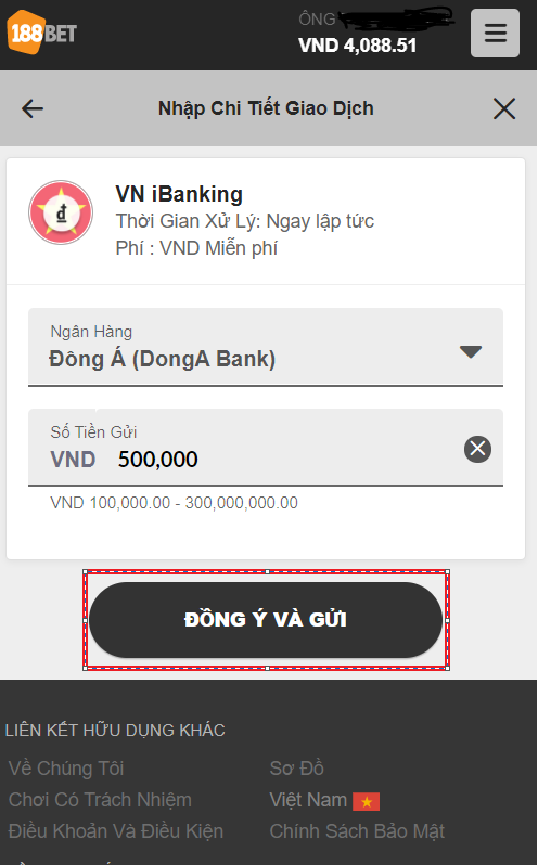Điền đầy đủ thông tin Cách gửi tiền 188bet nhanh qua VN ibanking
