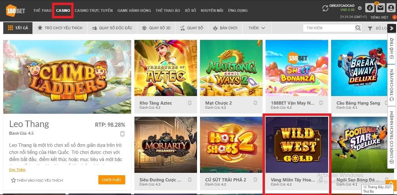 Tìm kiếm slot Vàng miền Tây hoang dã trong mục Casino Vàng Miền Tây Hoang Dã - Game 188BET Hot Nhất Tháng 7
