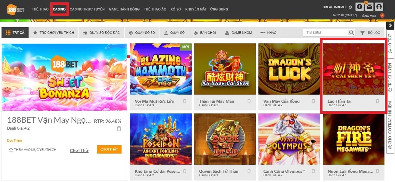 Tìm game trong mục Casino Cùng Lão Thần Tài Bùng Nổ Tiền Thưởng Tới Hàng Chục Triệu Đồng