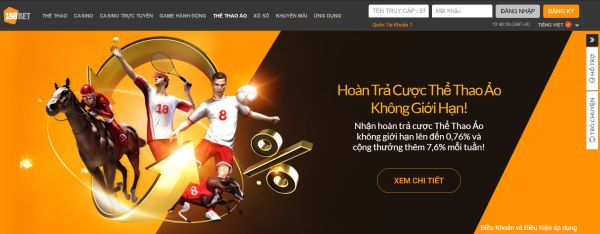 Nhận hoàn trả cược không giới hạn khi tham gia chơi thể thao ảo KM Hoàn Trả Cược 188BET không giới hạn cao nhất hiện nay