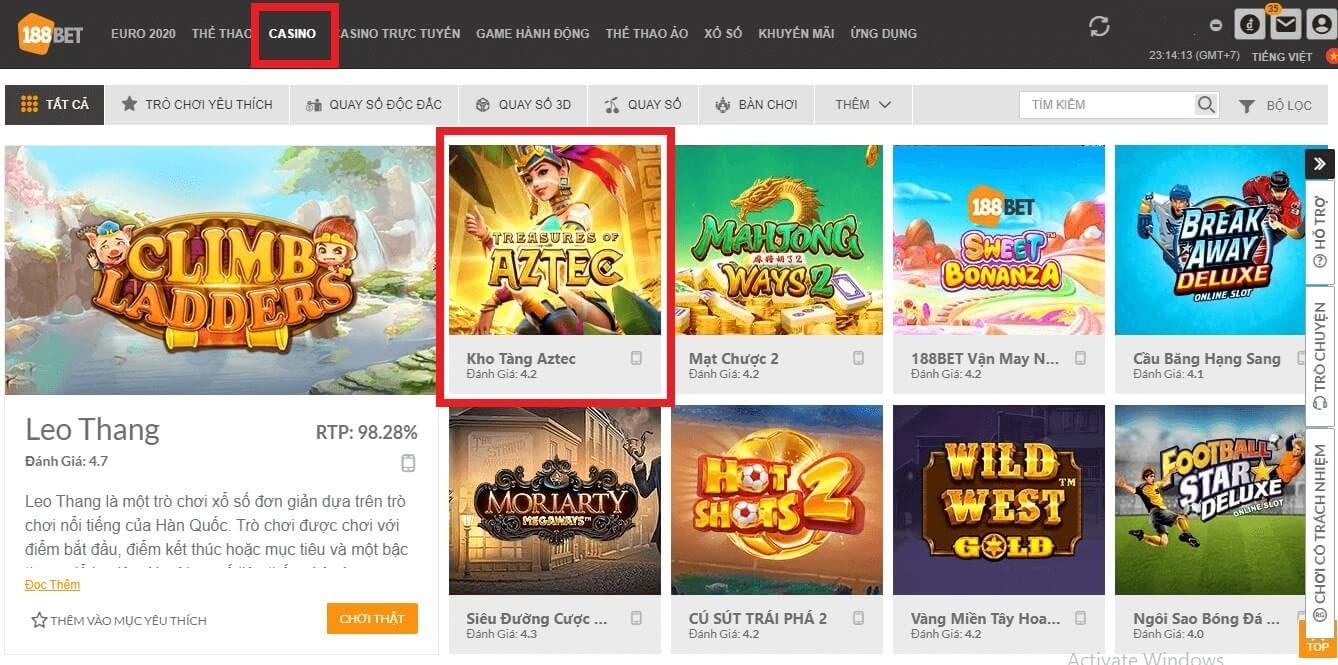 Tìm game Kho Tàng Aztec tại mục Casino 188BET Kho Tàng Aztec: Hồi hộp nổ hũ báu vật cổ, nhận 10000x thưởng