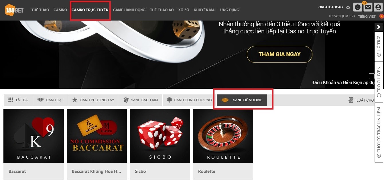 Sảnh Đế Vương tại 188BET Review sàn casino cực hot: Sảnh Đế Vương 188BET