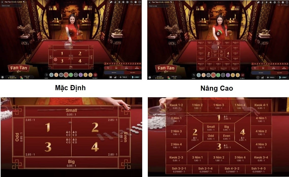 Giao diện game Fan Tan ở 2 chế độ Mặc Định và Nâng Cao Fan Tan: Game casino độc lạ, đặt cược dễ, kiếm tiền nhanh