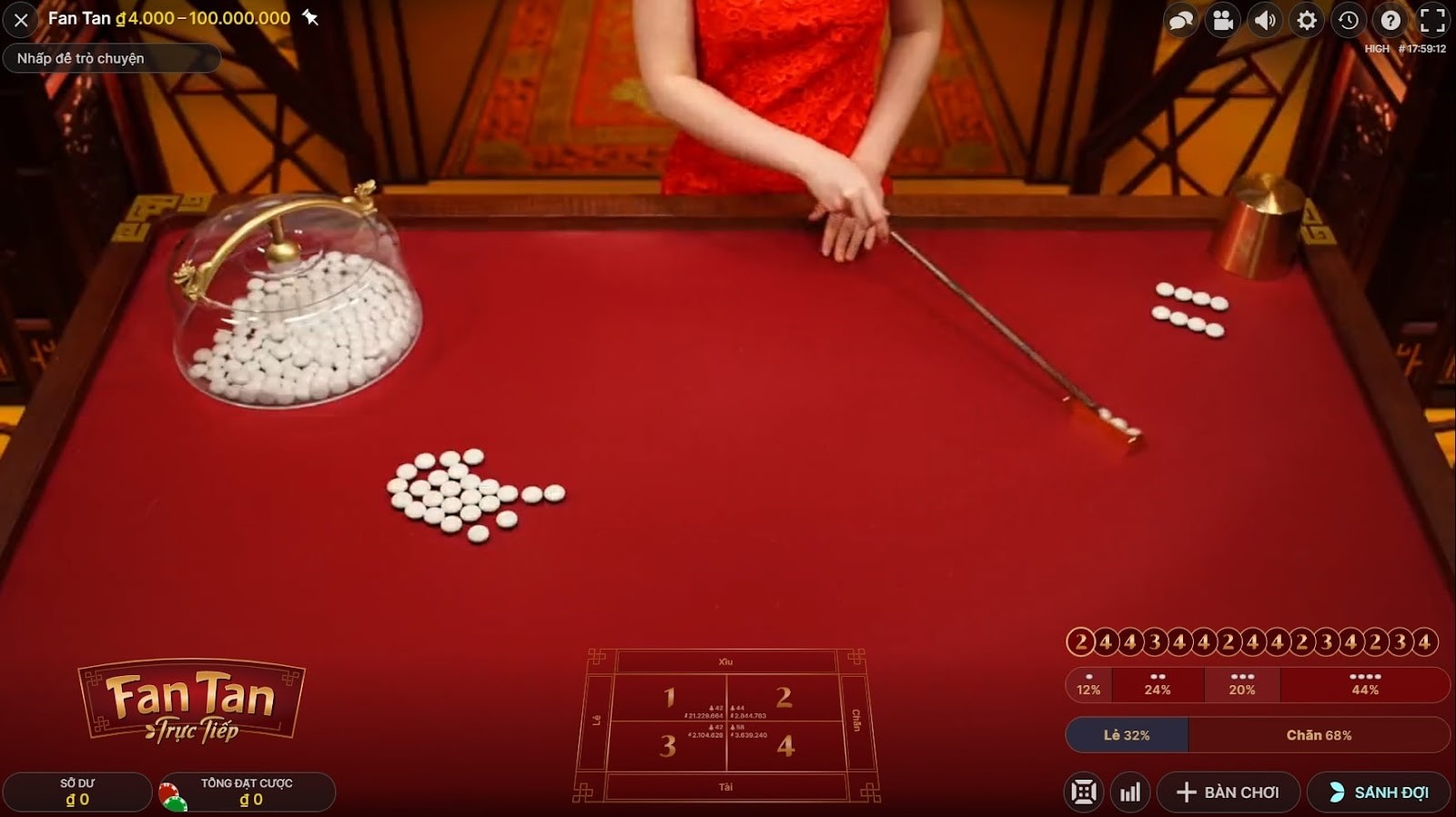 Giao diện một ván game Fan Tan Fan Tan: Game casino độc lạ, đặt cược dễ, kiếm tiền nhanh