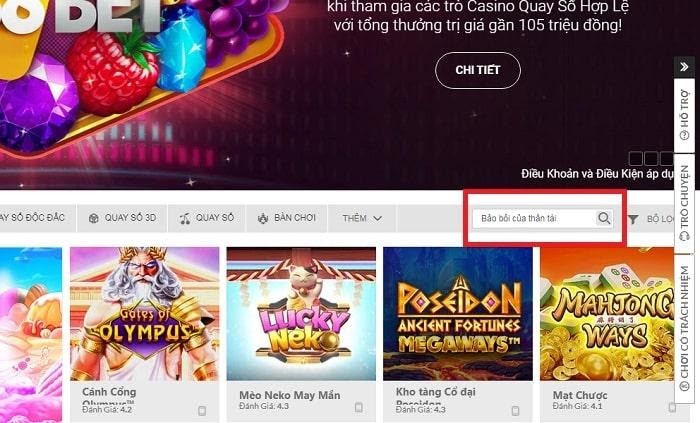 Gõ tên game vào ô tìm kiếm Bảo bối của thần tài - Game siêu phẩm, cược nhỏ thắng lớn