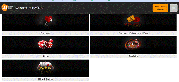Nhấn chọn Casino trực tuyến tại thanh danh mục của 188bet Luật và cách chơi Pick and Battle tại 188Bet cho người mới