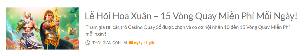 Nhà cái 188bet luôn đưa ra những chương trình khuyến mãi khủng. Lễ hội hoa xuân thưởng 15 vòng quay FREE mỗi ngày tại 188bet