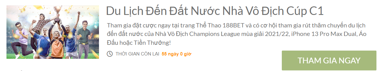 Tham gia đặt cược ngay tại 188bet để có cơ hội rút thăm chuyến du lịch tuyệt vời này Du lịch đến Đất nước nhà vô địch Cúp C1 - Chỉ có tại 188bet