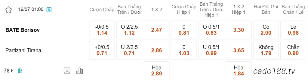 BATE Borisov vs Partizan, 01h00, Champions League
